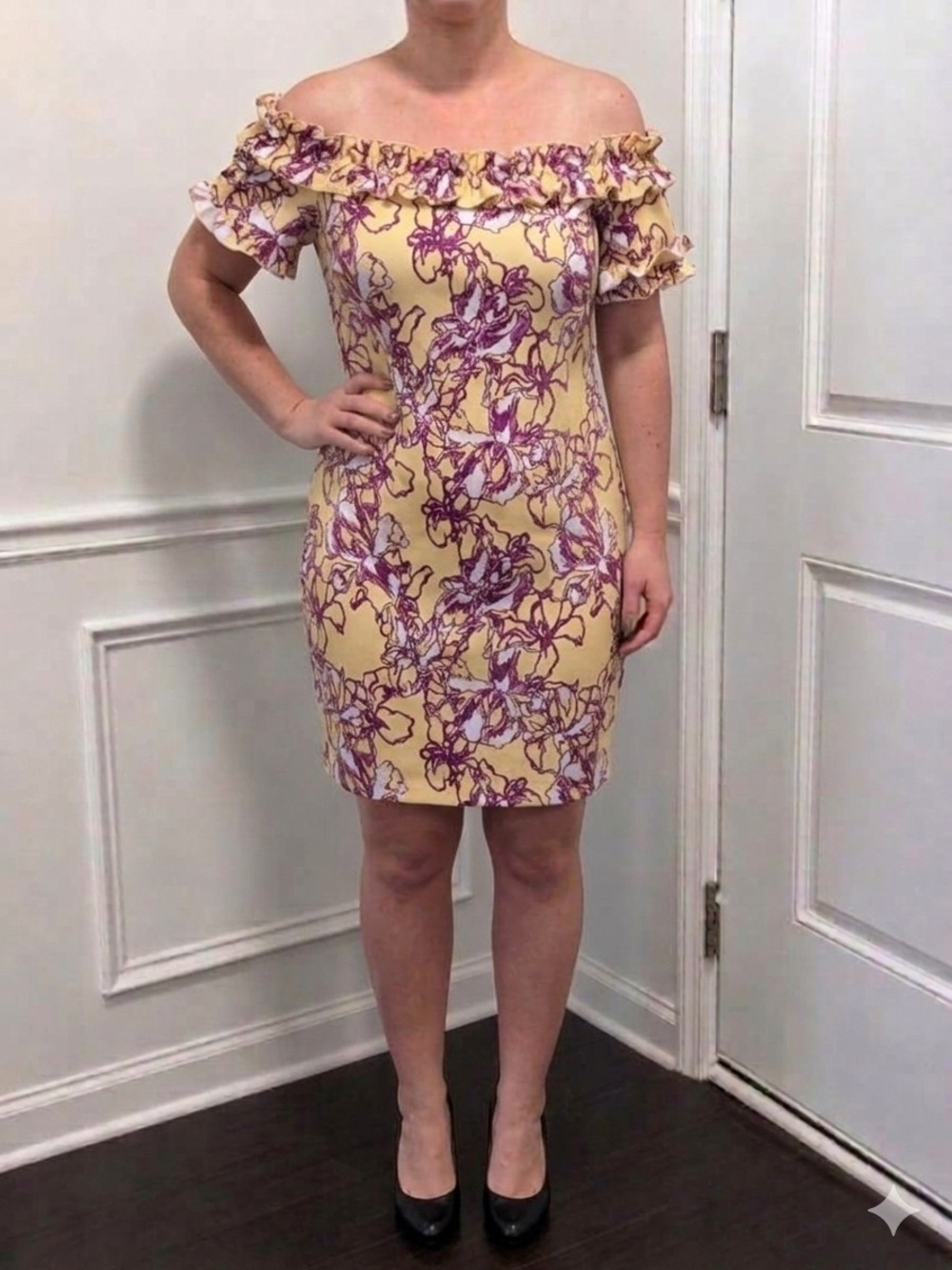 New York & Company Yellow One-Shoulder Floral Ruffle Dress